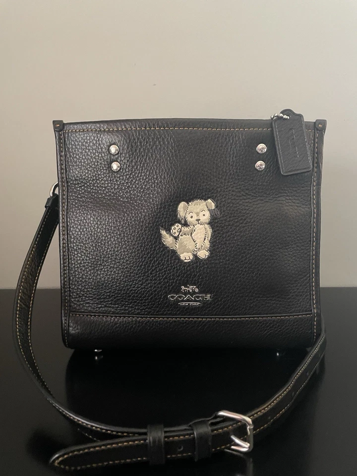 COACH Dog Dempsey 22 Crossbody Tote Bag Happy Dog Embossed Black Leather/ Silver - Image 2 of 4