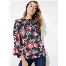 LOFT Black Floral Bell Sleeve Top Size XS