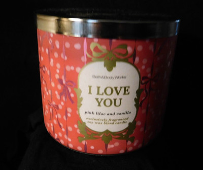 Bath & Body Works ~ Scented 3 Wick Candle ~ I LOVE YOU ~ Pink Lilac & Vanilla