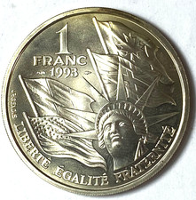 1993 France One Franc Silver Coin KM# 1014 WWII Normandy Statue of Liberty