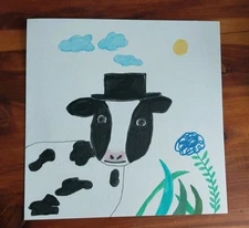 Cow In Hat IMPRESSIONISM WHIMSICAL ANIMALS Landscape ORIGINAL Painting 8x8 Inch