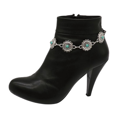 Women Silver Boot Chain Western Bracelet Shoe Flower Charm Turquoise Jewelry