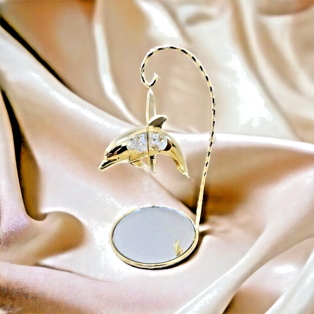 Swarovski Crystal Element Dolphin on Mirrored Stand Ornament 24K Gold Plated