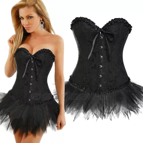 Ladies Lace Strapless Up Burlesque Corset Fancy Dress Costume Overbust Top&Tutu - Picture 7 of 31
