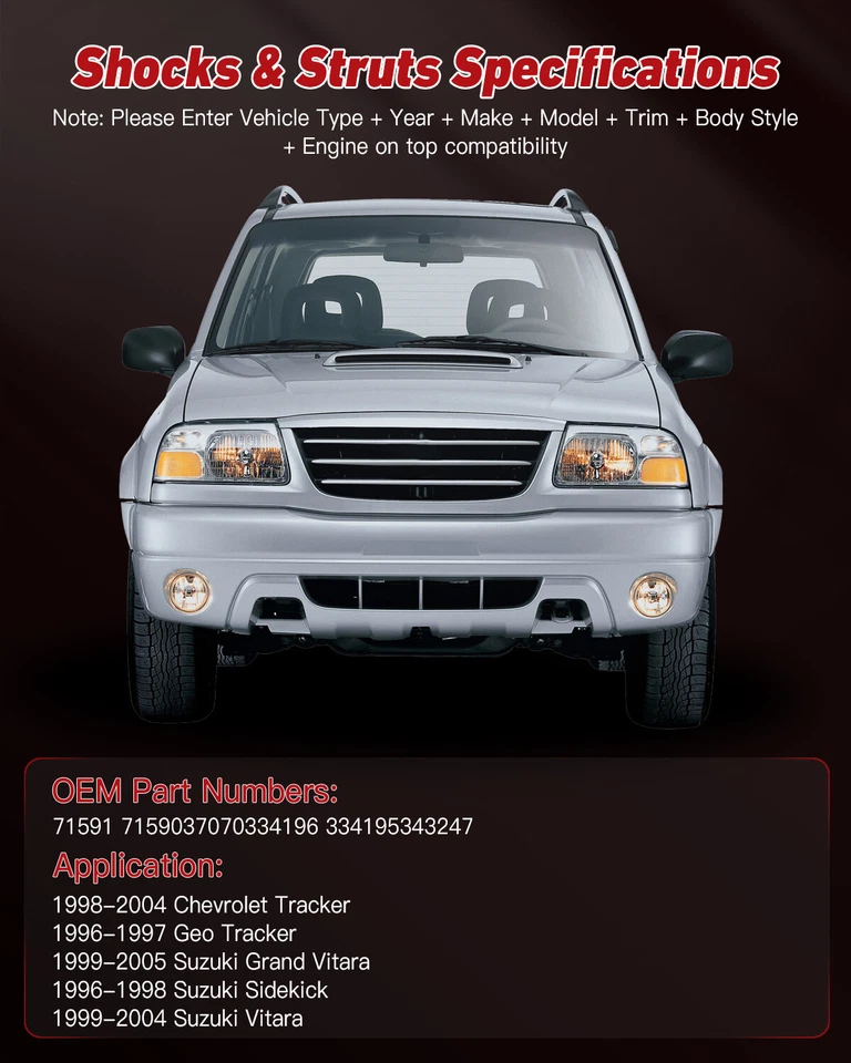 Juego de 4 amortiguadores puntales para Chevrolet Tracker 1998-04 Suzuki Grand Vitara 1999-05 Foto 2 de 4