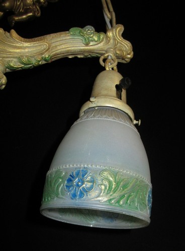 ANTIQUE VICTORIAN METAL CHERUB CHANDELIER CEILING LIGHT FIXTURE SHADES 30's - Picture 9 of 12