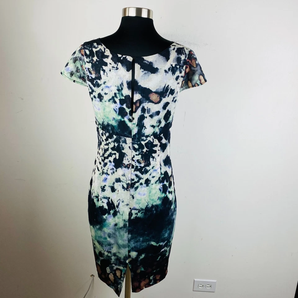 Vestido vaina Andrew Marc para mujer 2 mezcla de seda verde marrón cuello drapeado Foto 4 de 4