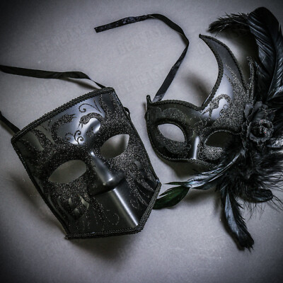 Black Buata Side Feather Halloween Masquerade Ball Couple's Venetian Party Mask