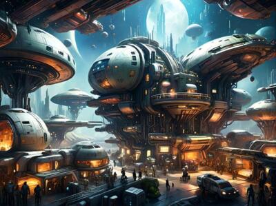 Atompunk Space Station Colony City Retro Futuristic Buildings Poster Art Print A