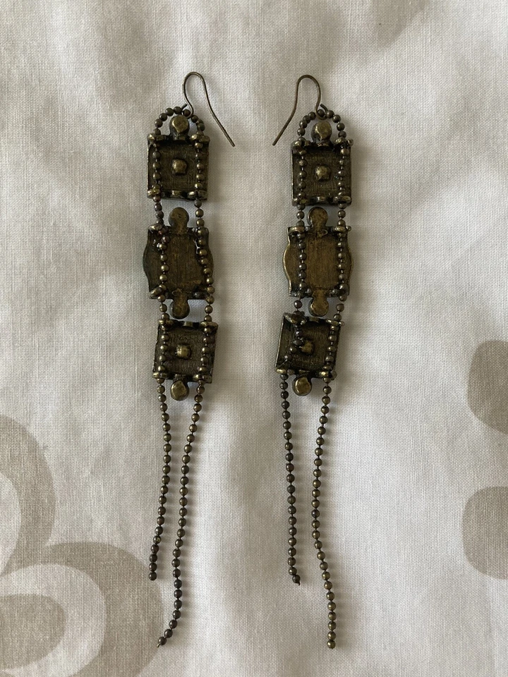 00’S Topshop Mint Green/Brass/Pearl Boho Style Long Drop Statement Earrings VGC - Image 3 of 3