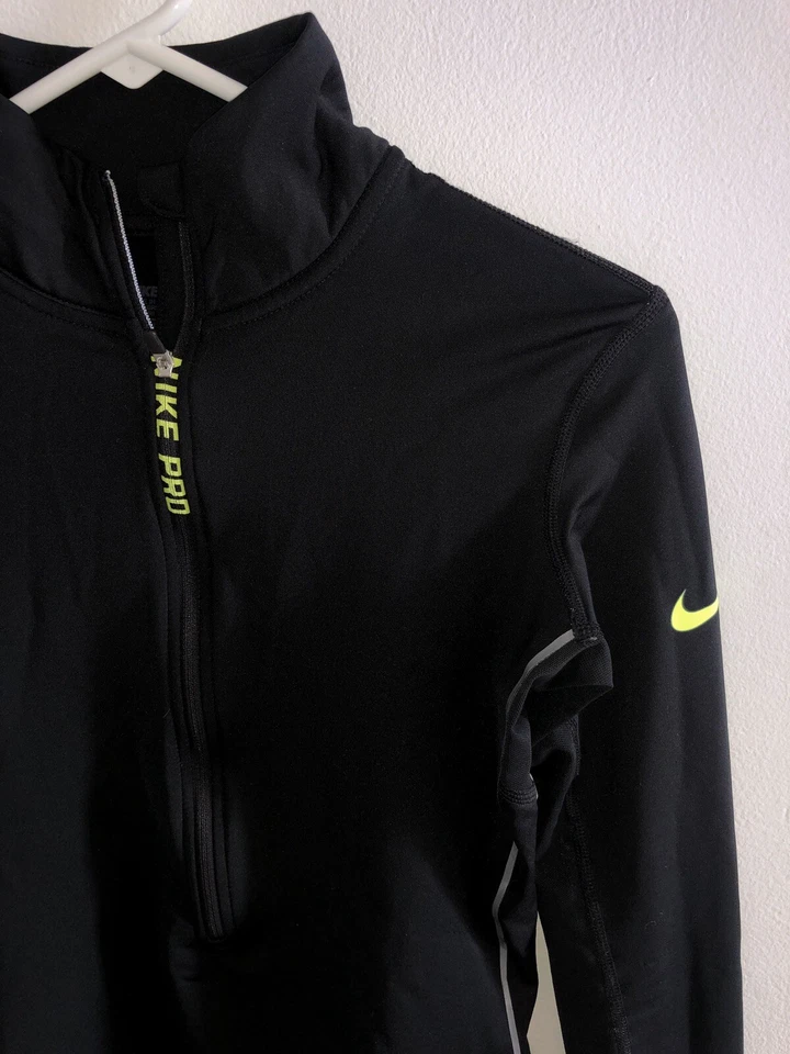 Nike Pro Dri Fit Mujer Negro Amarillo Neón Cremallera Pullover Malla Talla S Foto 2 de 4