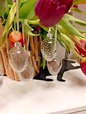 6 Glas Eier Glaseier gefüllt mit Perlhuhn Federn  Ostereier osterdeko