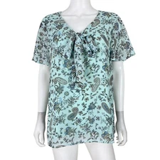 Pleione XL Tie Front Blouse Top Short Sleeve Blue Green Floral Georgette Shirt