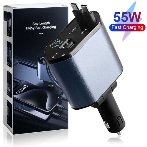 4 in 1 Retractable Car Charger Fast Car Phone Charger 120W With USB Type C Cable - Photo 4 sur 18