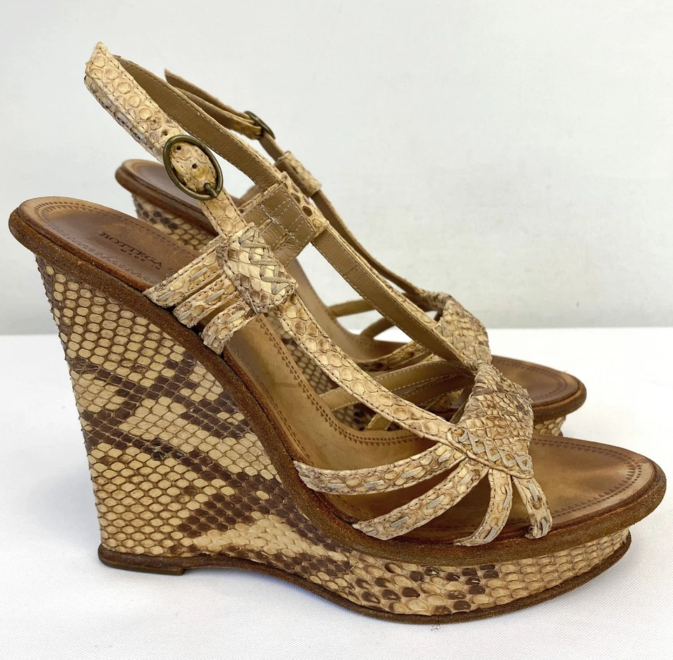 BOTTEGA VENETA Sandalias de Cuero Pitón Beige Cuñas 39.5 9.5 Zapatos Serpiente RARAS Foto 3 de 4