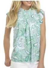 Womens NWT Crown & Ivy M Ruffle Cap Sleeves Smocked Top Mint Green & White $50