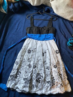 Orsay Black and White Flower Embroidered Dress with Blue Tie Scalloped Hem Lined