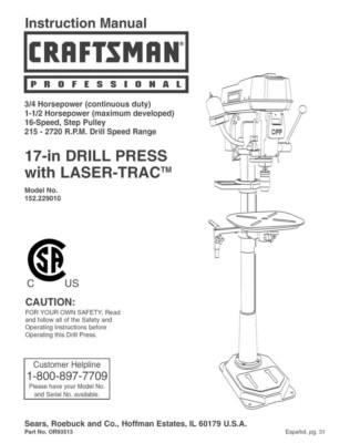 #ad #ad Craftsman 152.229010 Drill Press Owners Instruction Manual $20.24