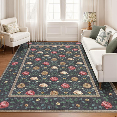 Floral Living Room Rugs, Washable 8X10 Area Rug Vintage Soft Boho Non-Slip Carpe