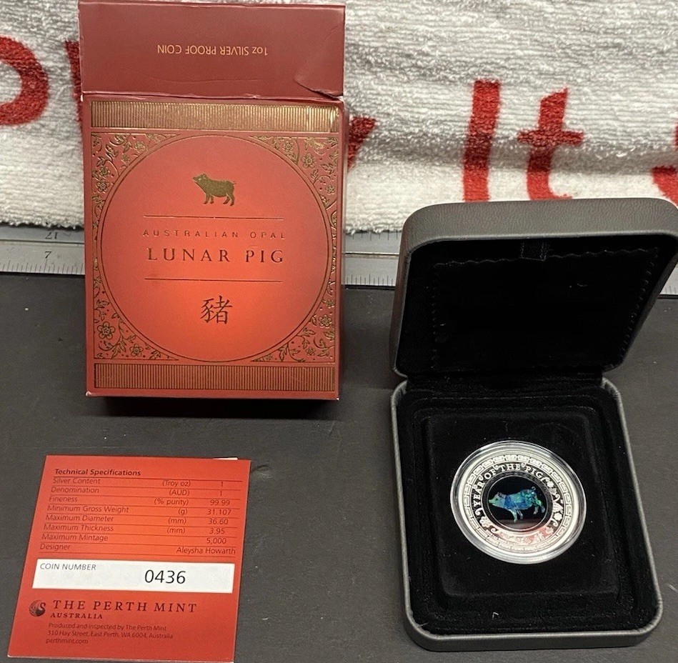 Australian Opal  Lunar Pig $1 1oz Silver Proof Coin Perth Mint 2019