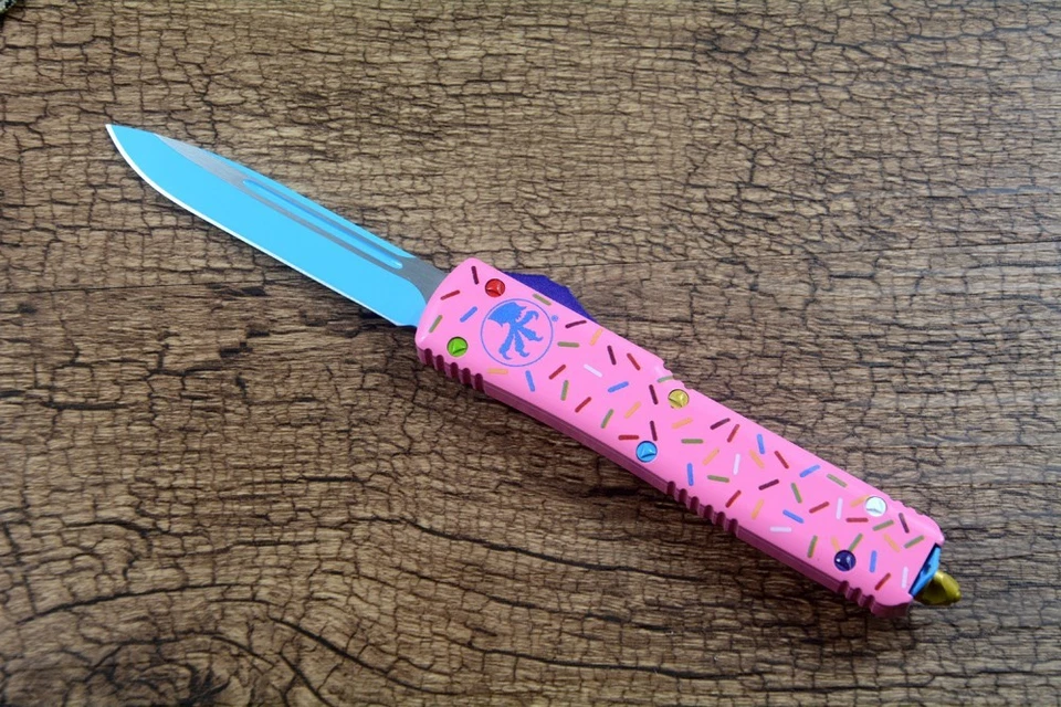 Cuchillo UT Donut 440 hoja satinada mango de aluminio rosa para camping al aire libre Foto 3 de 4