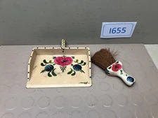 Vintage Hand Made - Painted Wooden Dust Pan Tray Flowers Broom - Signed Maggi