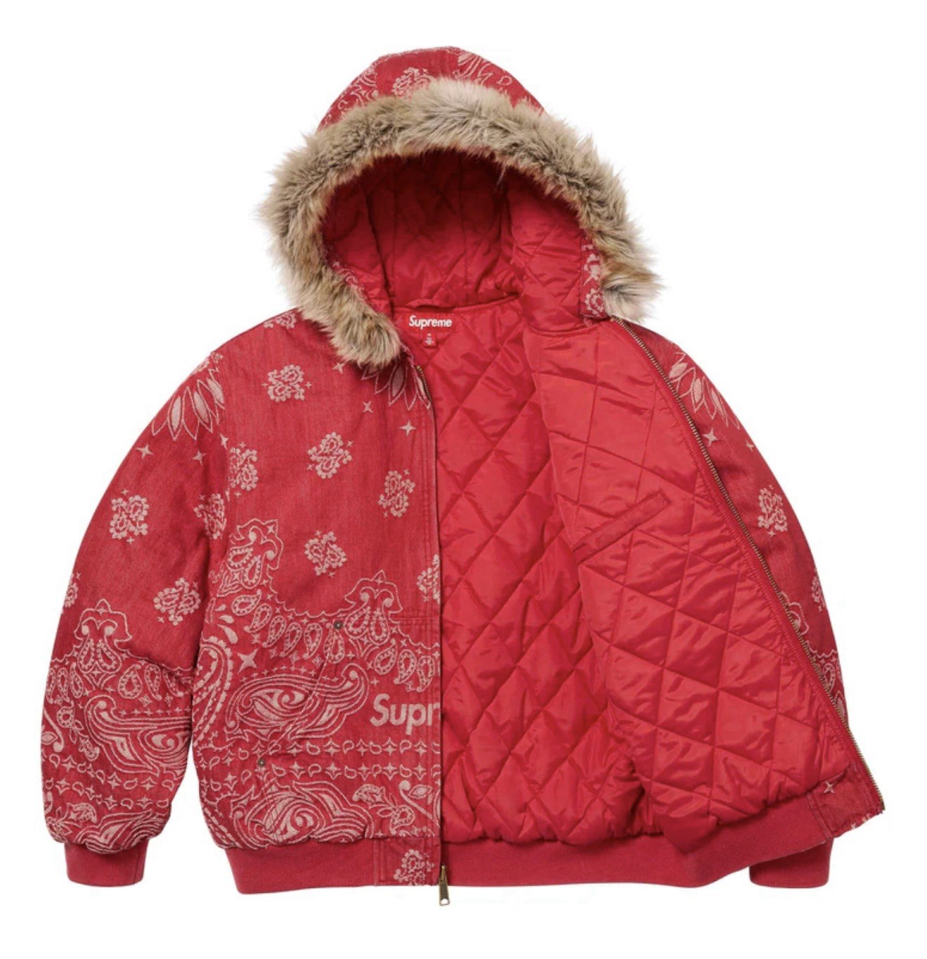Supreme Bandana Jacquard Denim Hooded Work Jacket Red (Size Medium) IN HAND image 5