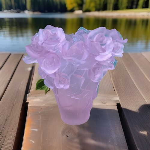 Nancy Daum Style Crystal Rose Vase H7” Pink Heavy Art Glass Maker Unknown Unique - Picture 5 of 10
