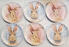 Set Of 6 World Market Blue  Pink Easter Bunny Plate 8.5"