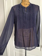 Boden Top Long Sleeve Blue Sheer V-Neck Henley Boho 100% Silk   Medium 8