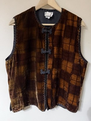 Vintage Silk Scapes Hand Painted Brown Plaid Velvet Vest Toggle Closure M-L Boho