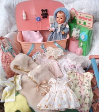 Dy-Dee Ellen Doll 11" w Orig Outfit Playpen Amsco Layette NIP Feeding Set Extras