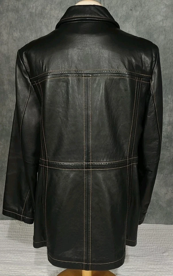 Vintage Lambskin Anne Klein Leather Long Black Jacket Coat Y2K Large Button - Image 4 of 4