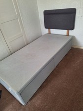 Grey Upholstered Single Storage Divan Base Bed with Headboard