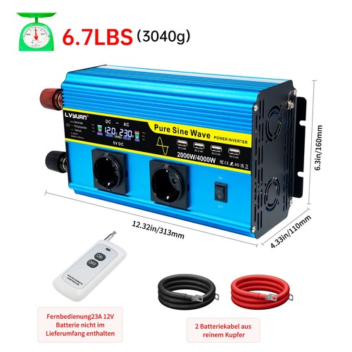 Reiner Sinus Wechselrichter 2000W 4000W Spannungswandler 4USB 2AC 12V auf 230V - Bild 6 von 10