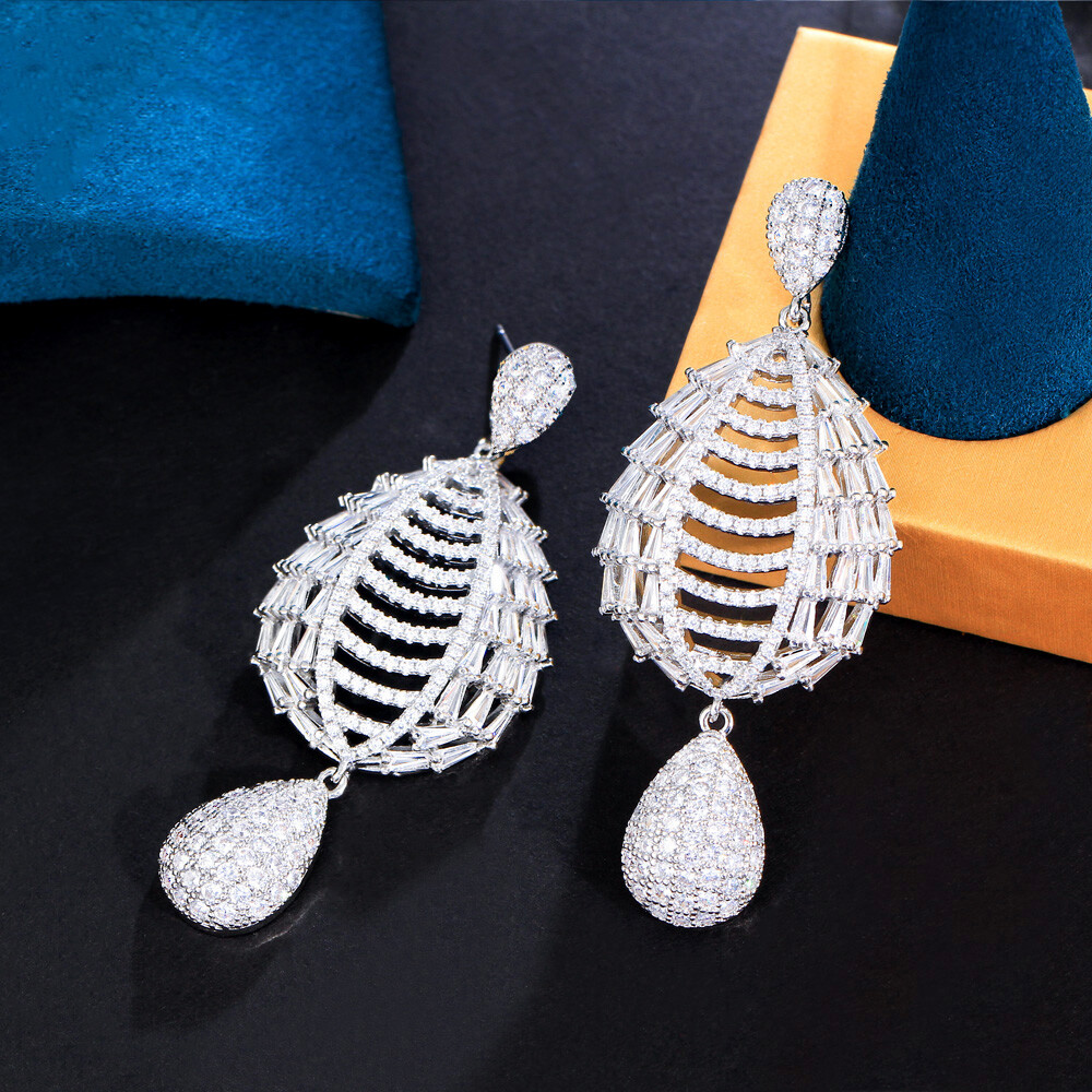 Women Statement Silver Plated Cubic Zirconia Long Drop Earrings