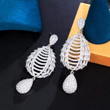 Women Statement Silver Plated Cubic Zirconia Long Drop Earrings for Wedding Prom