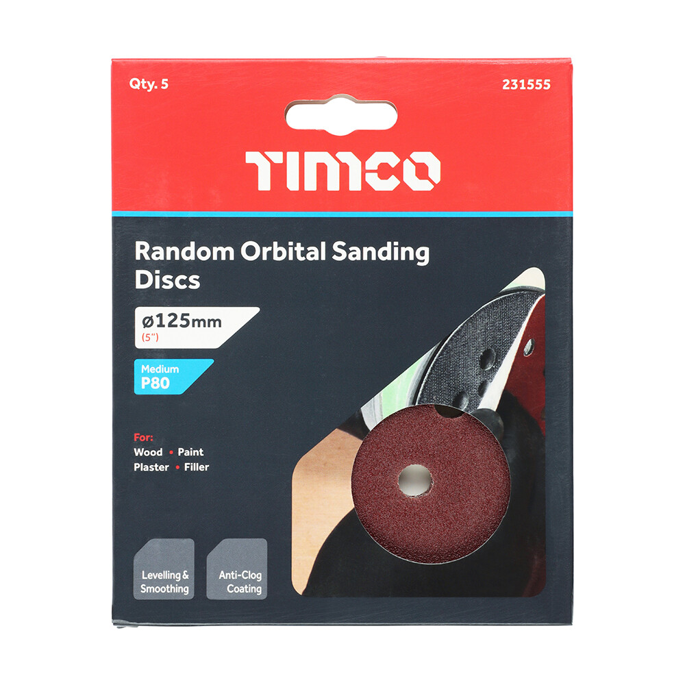 Timco 125mm Random Orbital Sanding Discs - 80 Grit - Red - 5PK - 231555