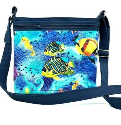 Canvas Crossbody Bag Purse Fish Salt Water Blue Marine Animals 2 outside pockets