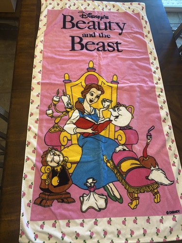 Vintage 90er Jahre Disney Die Schöne und das Biest Strandtuch 58"" x 30"" Belle Reading