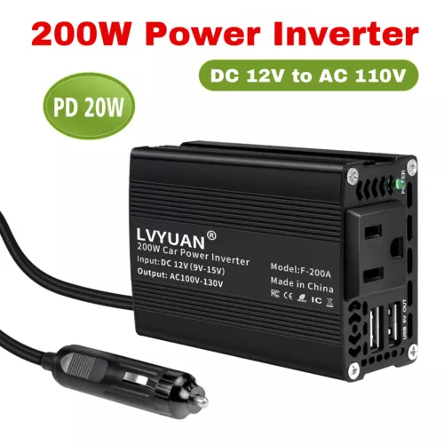 Car Vehicle 200W Power Inverter DC 12V to AC 110V 120V Converter With 2USB Black