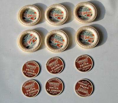 Milk Bottle Tops 6 Ea H.E.Johnson Rutland, VT Dairy  UNUSED, Chocolate Rare