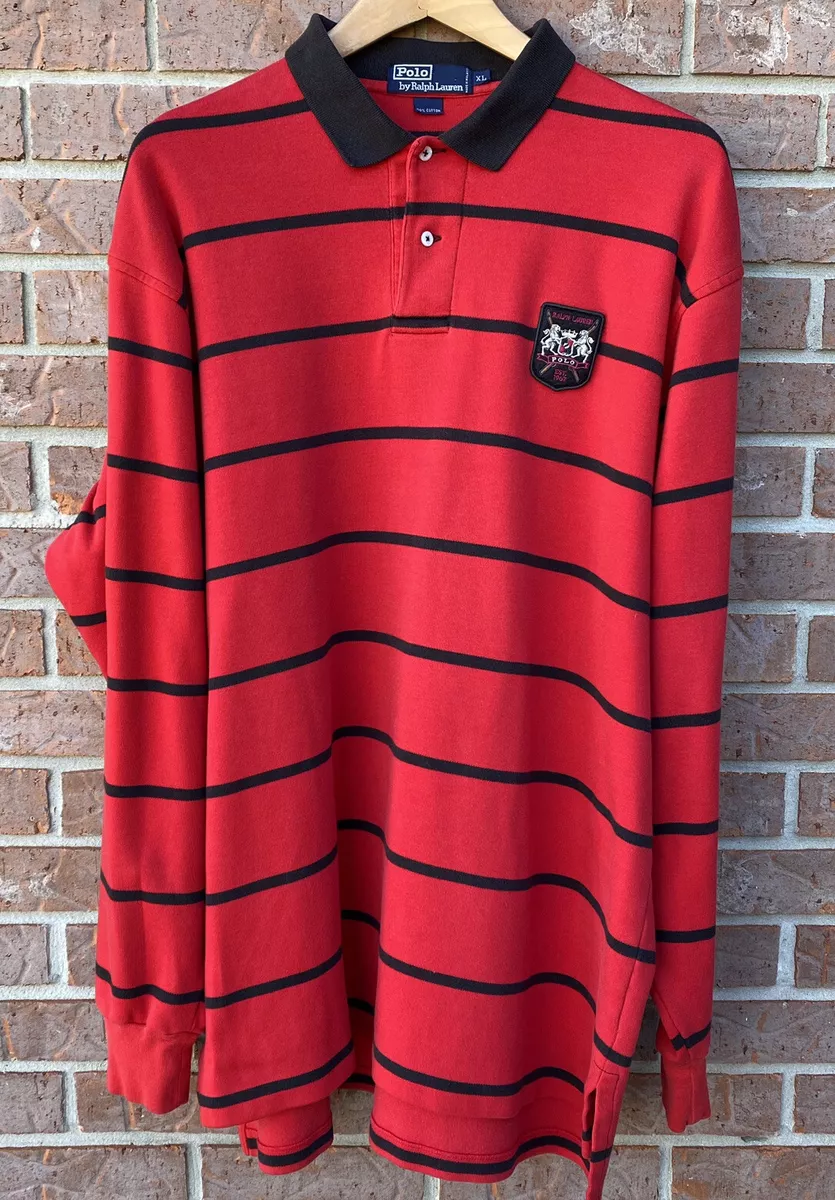 Vintage Polo Ralph Lauren Lion Crest Striped L/S Polo Shirt Red
