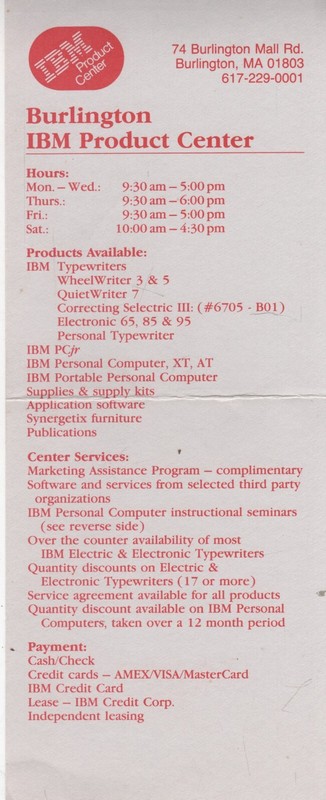 ITHistory (1984) IBM PROMO CARD  - Product Center (Burlington Mass)