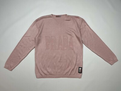 Prada HNT Cotton Polyester Knit V-Neck Sweater Pullover Pink
