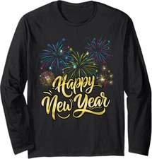 New Year Eve Party Supplies ??2025 Fireworks Holiday Long Sleeve Tshirt