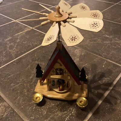 Vtg Joybrite Christmas Windmill Carousel Wood Nativity Candle Holder 12 Inch