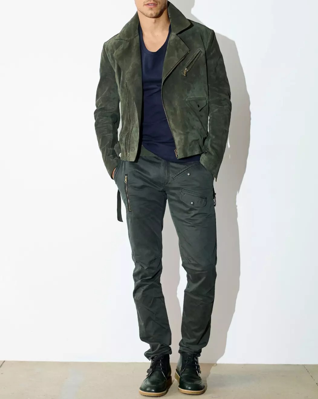 Chaqueta de cuero verde para hombre gamuza pura motociclista motocicleta talla XS S M L XL XXL - 219