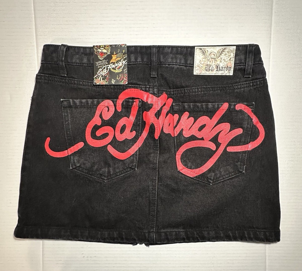 【Ed Hardy】 ドラゴン デニム ミニスカート ロゴ ジーンズ Y2K Ed Hardy Denim Mini Skirt Women's Large Black White Mini