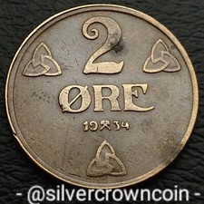 Norway 🇳🇴 2 Ore 1934. KM#371. Bronze Two Cents Pence coin. King Haakon VII.